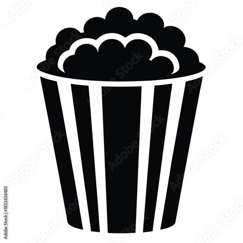 A full container of popcorn is shown in a black and white simple monochromatic icon