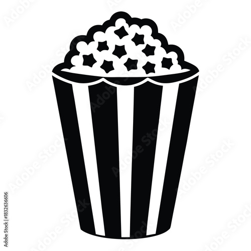 A full striped container holds a fluffy pile of popcorn with stars inside