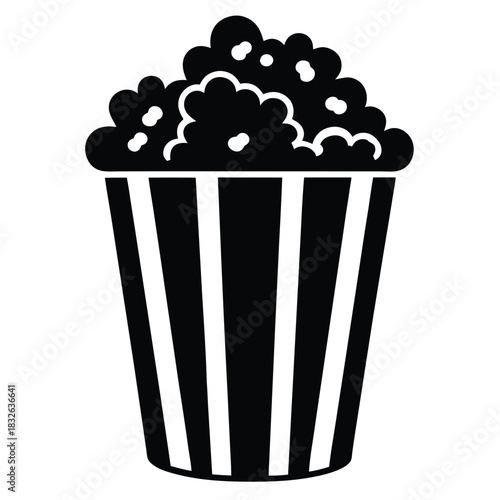 A bucket full of delicious popcorn is shown in black and white vector