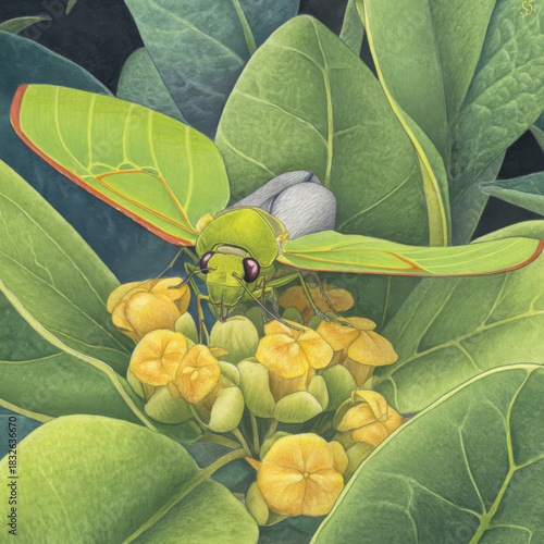 Detailed Illustration of a Green Planthopper on Yellow Flowers Surrounded by Large Green Leaves, Featuring Intricate Details and Vibrant Colors