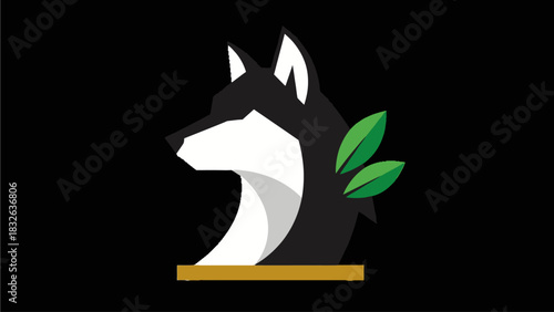 A stylized black and white husky or wolf head with green leaves behind it, resting on a golden base against a black background.