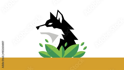 A minimalist graphic illustration of a black wolf or fox head emerging from green leaves, set against a white background with a brown base.