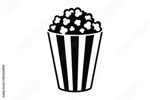 Isolated popcorn bucket is filled to the top and is a black and white icon