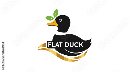 A logo featuring a black duck with green leaves on its head, sitting on a golden wave, with "FLAT DUCK" text.