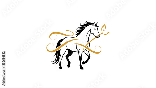 Elegant black and white horse with golden swirls and a leaf, symbolizing grace and nature.