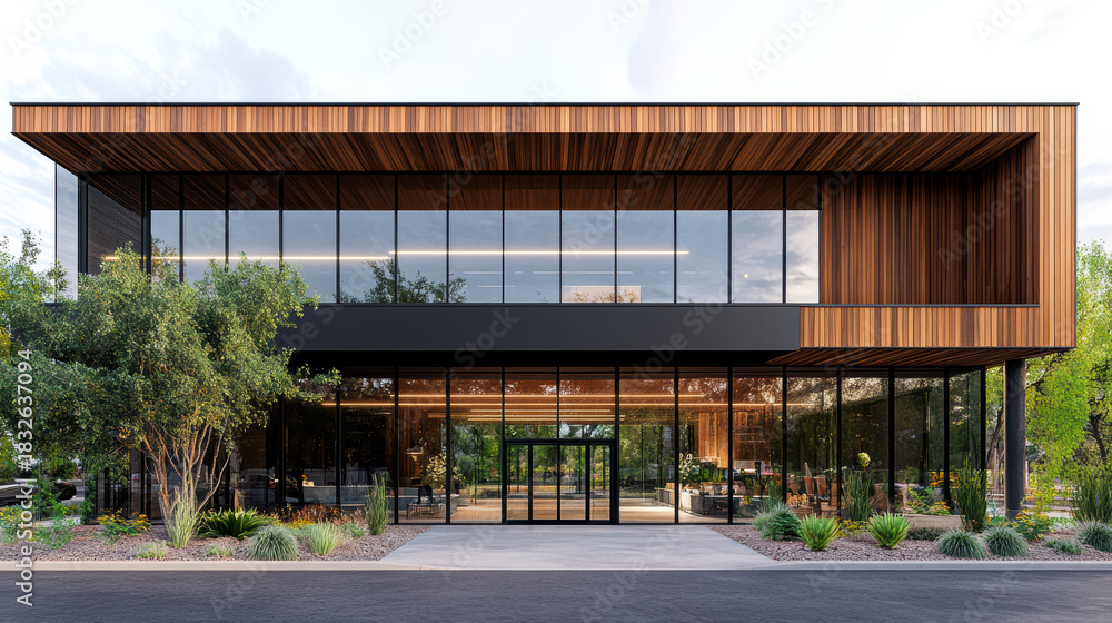 Obraz premium Modern glass lobby with wood panel facade and landscaped entrance, warm inviting atmosphere
