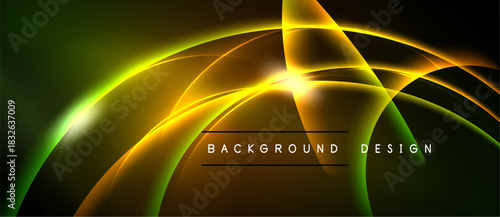 Abstract design features vibrant curves, glowing lines. Green, yellow hues dominate dark background. Modern aesthetic, dynamic composition.