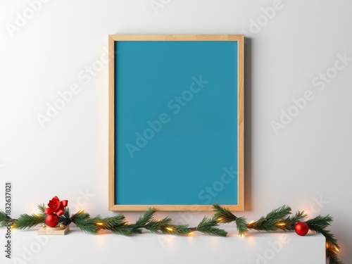Blank wooden frame mockup with christmas garland and light decoration