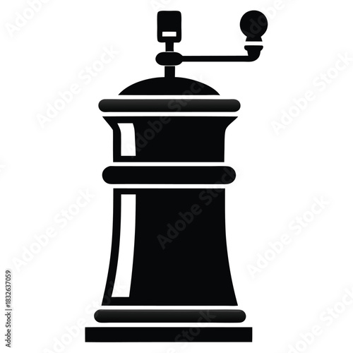 Black pepper mill exhibits a classic and sleek design with handle on a white backdrop