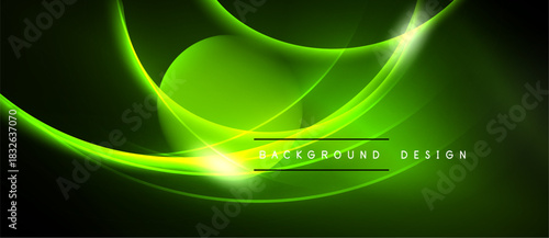 Bright green neon lines flow across dark background. Abstract waves create dynamic visual effect. Modern design element.