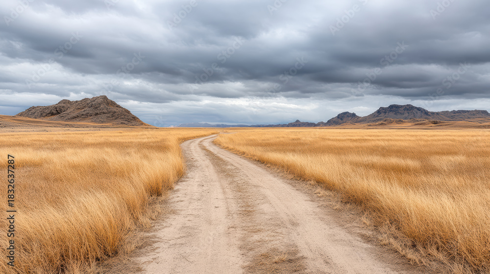 Fototapeta premium Golden grassland track curving toward distant rocky hills moody overcast sky, calm atmosphere
