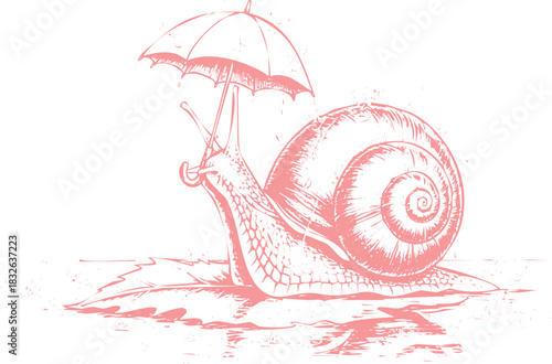 Cute Snail Holding Umbrella Vintage Sketch Illustration