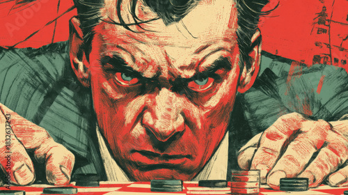 Wallpaper Mural Intense Man Playing Checkers with Focused Expression, Red and Green Tones, Strategic Game, Close-Up Portrait, Competitive Spirit, Board Game, Torontodigital.ca