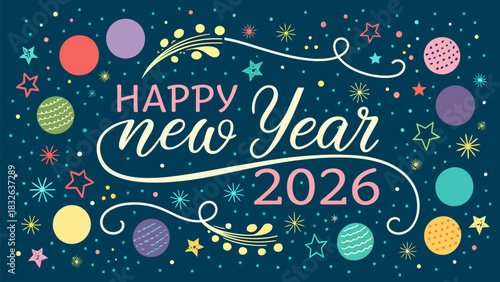 Happy new year greeting card with colorful planets stars and dots on a dark teal blue background design