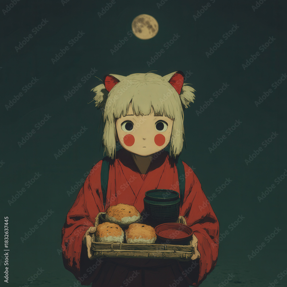 custom made wallpaper toronto digitalAnime Girl Offering Food Under Moonlight: Digital Illustration of a Young Woman in Red Kimono Holding a Tray with Buns and Tea, Set Against a Dark Sky