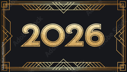 Golden year two thousand twenty six with art deco frame on a black background design element