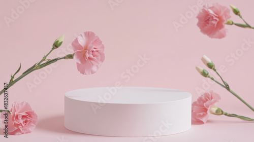 Elegant white pedestal on soft pink. Pink carnation flowers decorate the charming scene.