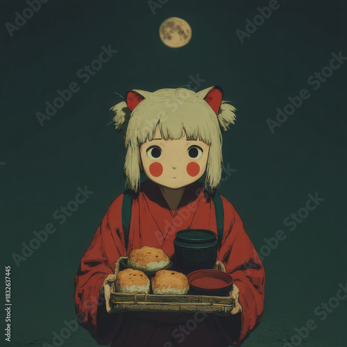 Wallpaper Mural Anime Girl Offering Food Under Moonlight: Digital Illustration of a Young Woman in Red Kimono Holding a Tray with Buns and Tea, Set Against a Dark Sky Torontodigital.ca