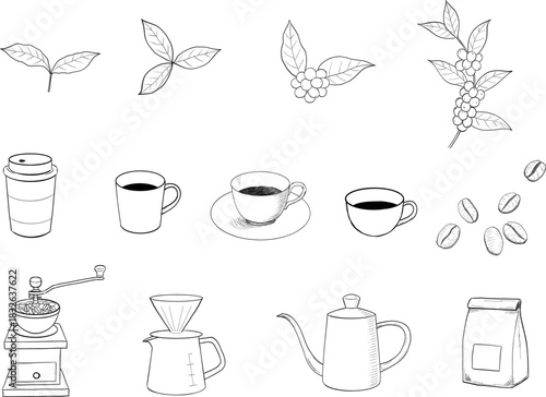 コーヒーのシンプル手描き線画アイコンセット