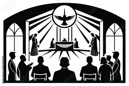 People gather near an altar with a dove overhead in a silhouette image