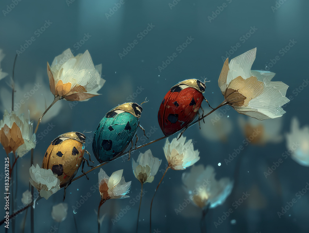 custom made wallpaper toronto digitalThree Colorful Ladybugs on a Branch with White Flowers Against a Dark Blue Background, Nature Illustration, Insect Art