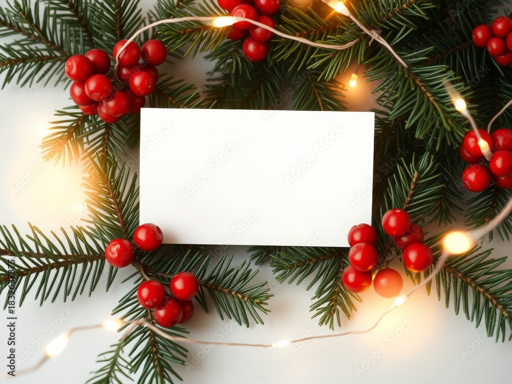 Fototapeta premium Christmas card mockup with fir branches and red berries (60)