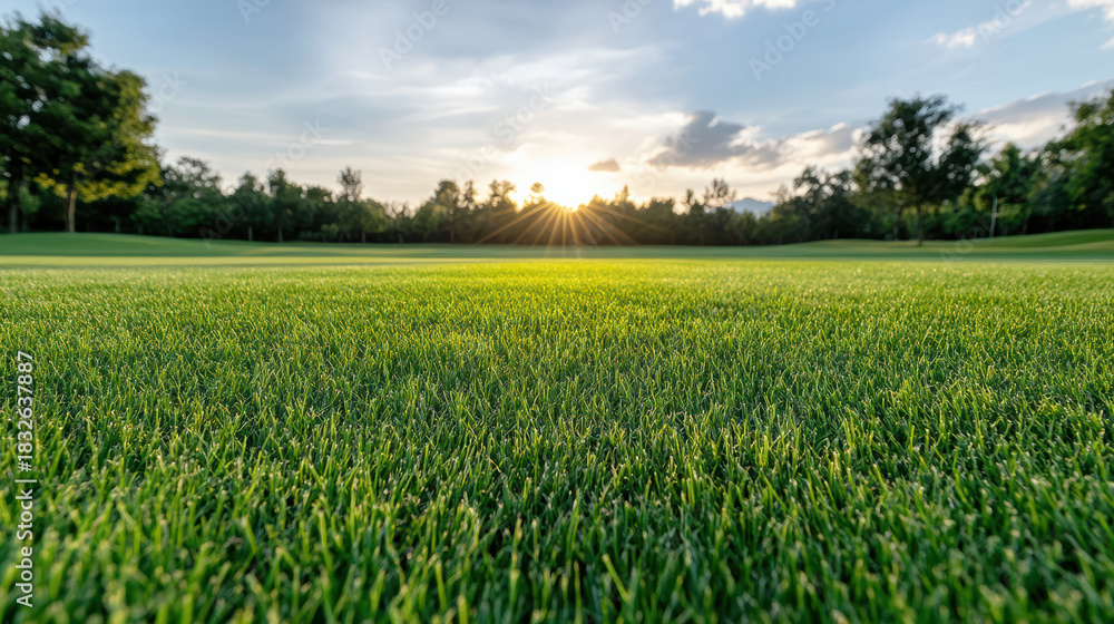 Obraz premium Sunlit green grass field at sunrise with soft trees and sky