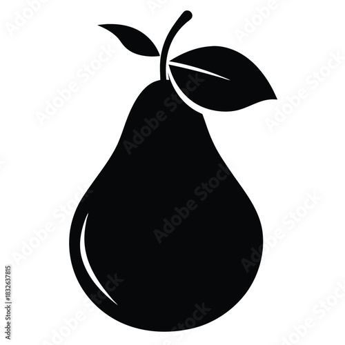 Black silhouette of pear with stem and leaves on white background is visible