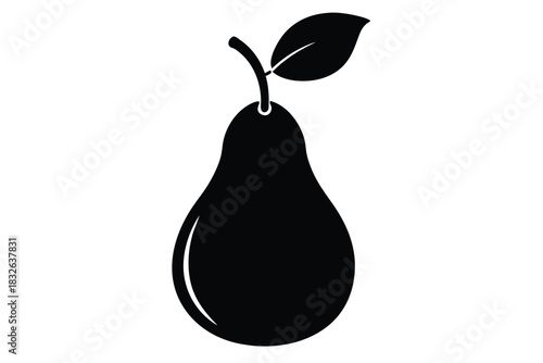 Silhouette of a black pear with stem and single leaf stands against white background