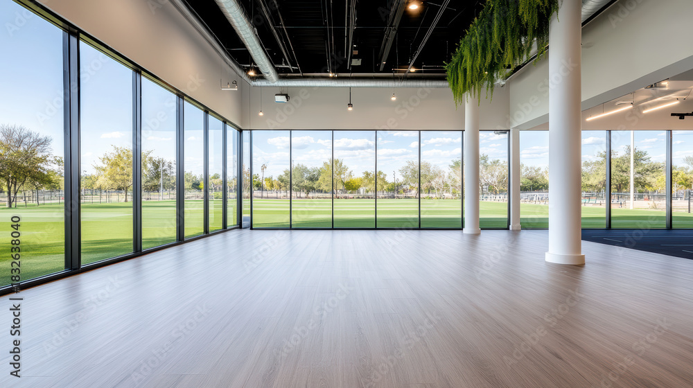 Fototapeta premium Bright open studio with floor to ceiling windows overlooking green field and trees