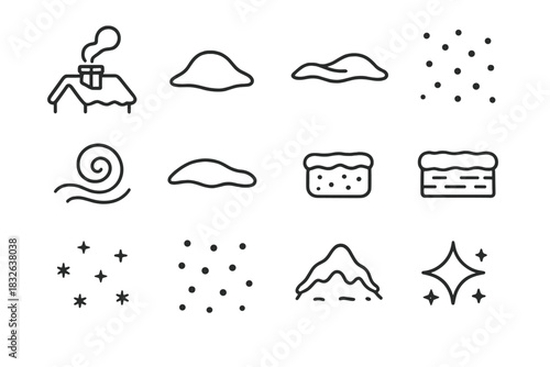 Snow Texture Icons. Snowy rooftop with chimney smoke – Snow Textures. Line outline icon set of Snow Textures: