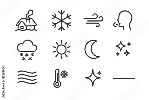 Winter Icon Set. Snowy rooftop with chimney smoke – Winter Atmosphere. Line outline icon set of Winter