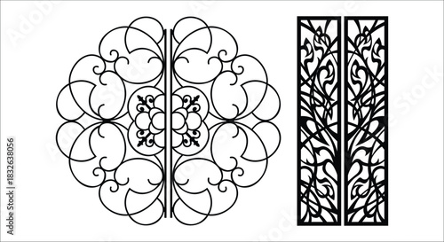 Black Circular Scrollwork Design and Two Vertical Floral Panels pattern decorative