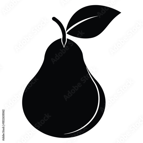 A stylized black pear with its leaf and stem isolated on a white backdrop