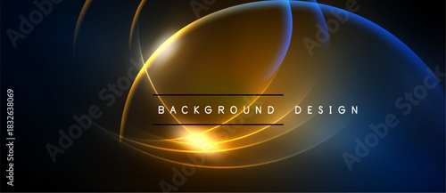 Abstract design features glowing curves, vibrant colors. Dark background emphasizes bright orange, blue elements. Text reads background design.