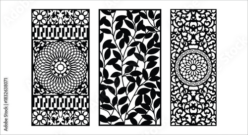 Black Geometric, Leaf, and Mandala Patterns on White Background decorative