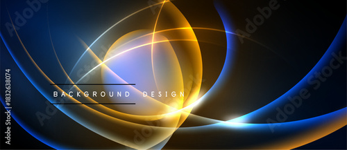 Abstract design features vibrant glowing curves, circles. Gold, blue hues dominate dark background. Modern, dynamic visual element.