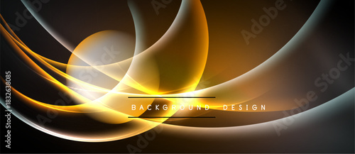 Abstract flowing lines, warm colors dominate design. Golden hues blend with dark background creating dynamic visual effect. Text reads background design.