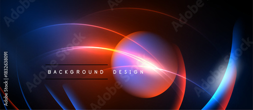 Abstract neon lines create dynamic composition. Vivid blue, red hues dominate dark background. Modern design element.