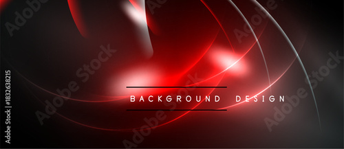 Abstract red design features flowing lines, curves, gradients. Dark background enhances vibrant illumination, modern aesthetic.