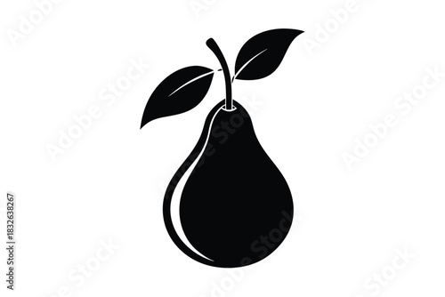 Simple pear icon features dark silhouette with two leaves attached to the stem
