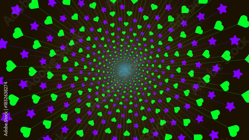 An abstract radial burst background featuring repeating heart and star shapes arranged in a symmetrical outward pattern