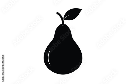 A simple black pear silhouette featuring a stem and leaf shows minimal design