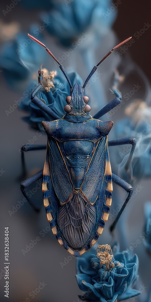custom made wallpaper toronto digitalDetailed Macro of a Blue Shield Bug Against a Floral Background, Showcasing Intricate Textures and Patterns in a Stylized Composition