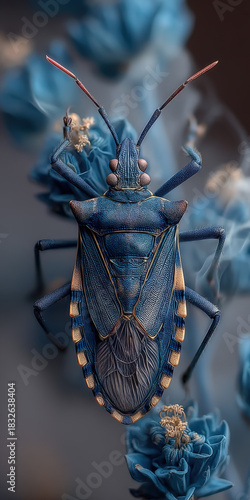 Wallpaper Mural Detailed Macro of a Blue Shield Bug Against a Floral Background, Showcasing Intricate Textures and Patterns in a Stylized Composition Torontodigital.ca