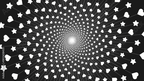An abstract radial burst background featuring repeating heart and star shapes arranged in a symmetrical outward pattern