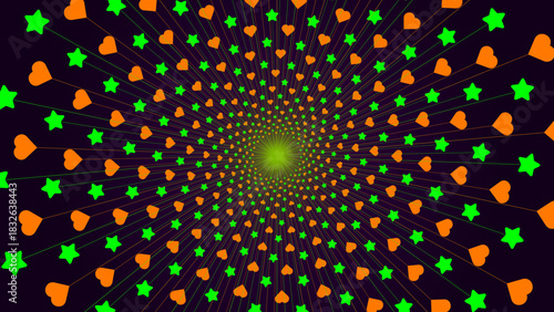 An abstract radial burst background featuring repeating heart and star shapes arranged in a symmetrical outward pattern