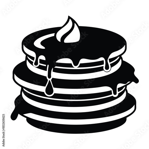 Black and white pancakes stack with dripping syrup and cream topping looks deliciously inviting