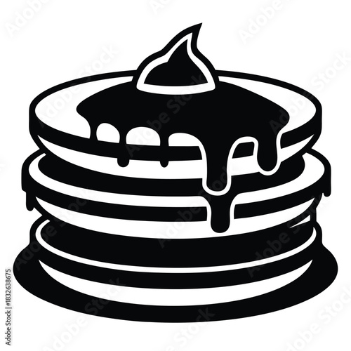 Stack of three fluffy pancakes is drizzled with syrup in this black and white image