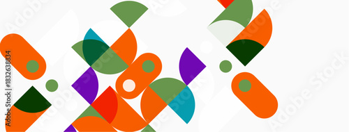 Abstract shapes overlap, creating colorful composition. Geometric forms present modern design, vibrant hues dominate scene.